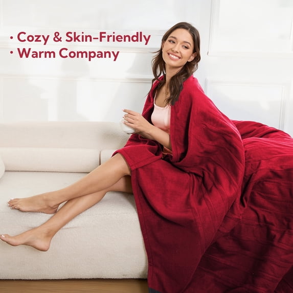 SUNNY HEAT Electric Heated Blanket Twin Size 62''x84''- 4 Heat Levels & 10 Hours Auto off, Fast Heating & Over-Heat Protection, Garnet