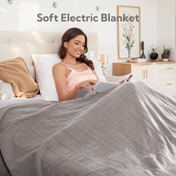 SUNNY HEAT Heated Electric Blanket Twin Size 62''x84''- 4 Heat Levels & 10 Hours Auto Off, Fast Heating & Over-Heat Protection, Light Grey