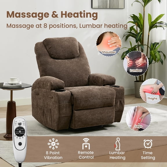 Heated Electric Recliner Chair for Adults,360 Swivel Rocker Recliner with Massage & Heat, Glider Rocking Chair for Living Room, Nursery,Plush Comfort