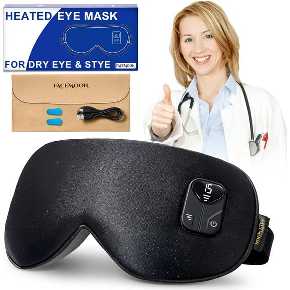 Heated Eye Mask for Dry Eyes: Warm Compress for Digital Tired Eyes, Stye Relief - Cordless, Adjustable Heat & Timer Settings - Airplane/Road Travel, Sleep aid, Office nap Black