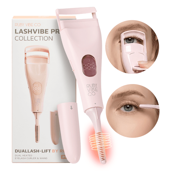 RUBY VIBE CO Heated Eyelash Curler, Electric, Heat Sensitive Silicone Pad, Dual Function, Fast Heating, Long-Lasting Lift, Pink