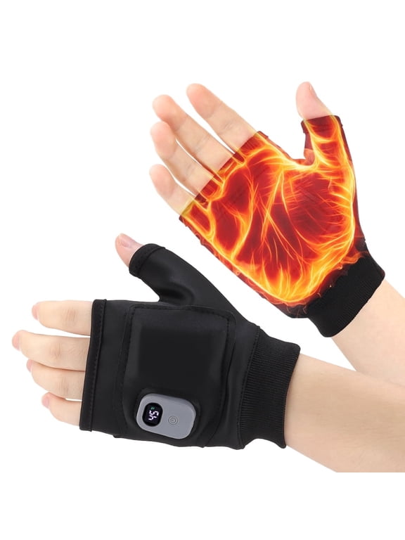 Heated Fingerless Gloves for Men Women, Fingerless Ski Gloves, Rechargeable Half Hand Heating Gloves, Electric Hand Warmer with 3 Heating Levels, Digital Display for Hiking, Cycling, Skiing