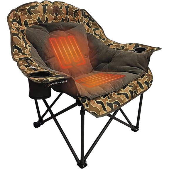 Heated Fleece Camping Chair for Adults, Outdoor Seat with Plush Padding, Supports 400lbs, Cup Holders and Carry Bag, Heavy Duty Folding Chair for Tailgating or Patio