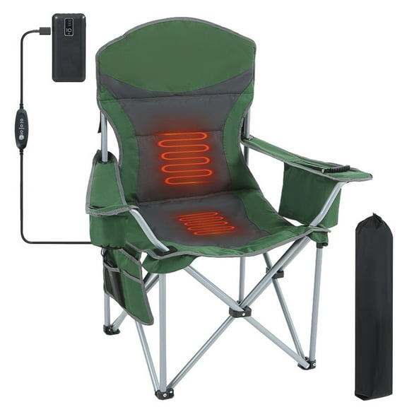 Heated Folding Camping Chair with Battery, Extra-Wide Seat, Cooler Bag, Cup Holder & Carry Bag, 10,000mAh Power Bank Included for Outdoor Comfort (1 Pack)