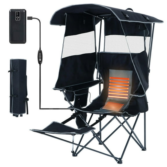 Heated Folding Camping Chair with Adjustable Canopy, Detachable Footrest & Shade, Portable Outdoor Chair for Sports & Camping (1 Pack)