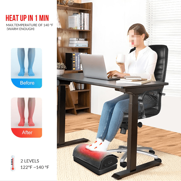 Heated Foot Rest Under Desk at Work, Ergonomic Desk Footrest with Vibrating Massage and Adjustable Height, Foot Warmer with Pocket, 3 Vibration Modes & 2 Heating Levels,Memory Foam,Office Home Gaming