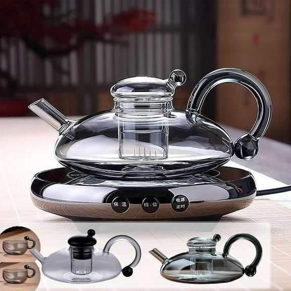 Heated Glass Teapot with 2 Rat Tail Cups - High Borosilicate Heat-Resistant Pot, Easter Gifts, Stovetop Safe Clear Kettle for Home & Office Tea Making, Elegant Design for Hot Beverages, D