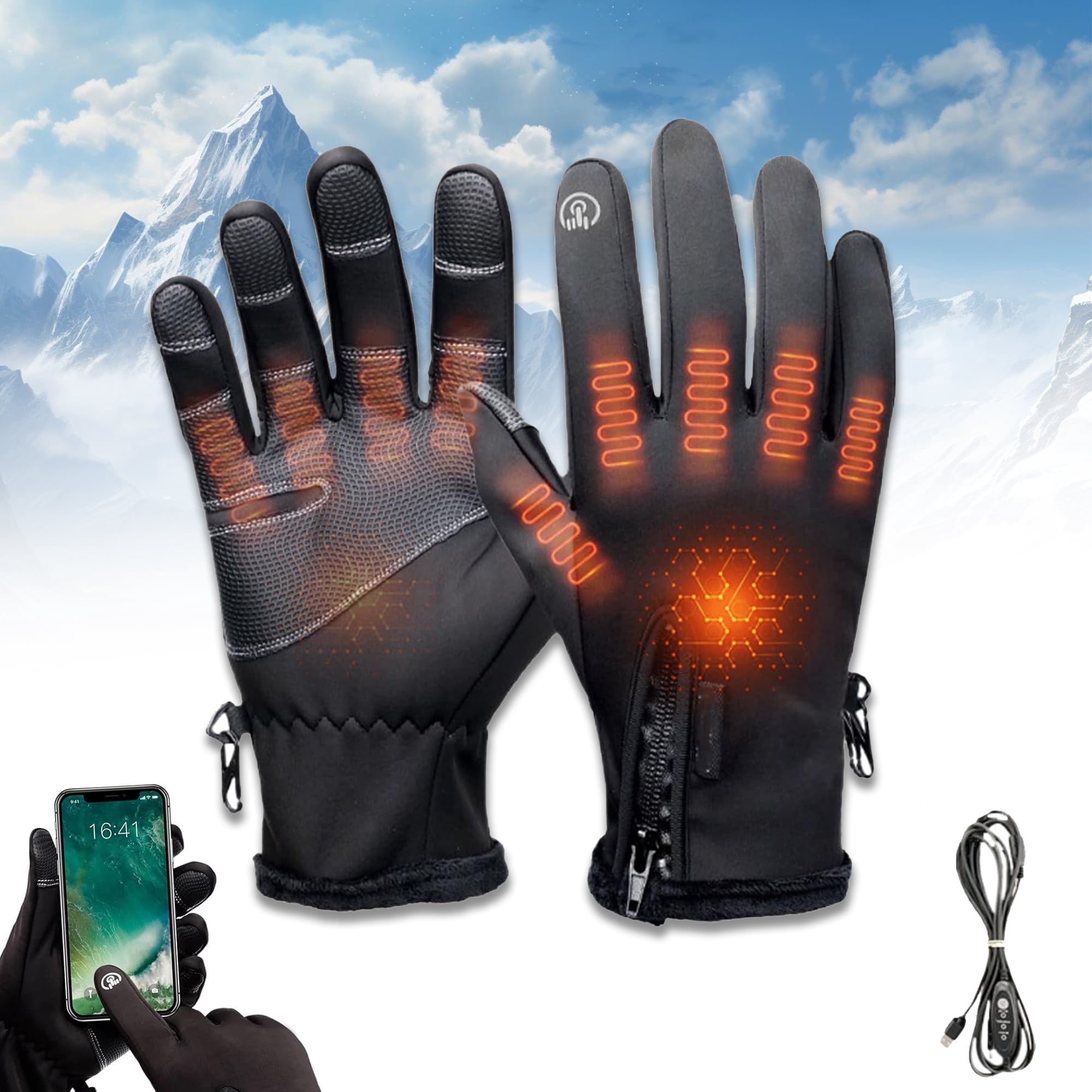 Heated Glove with 3 Heat Settings, Rechargeable Heated Gloves, Winter Gloves for Men and Women, Windproof Anti-Slip Gloves, Full Finger Gloves for Running,Driving,Hiking,and Skiing(Batteries not incl