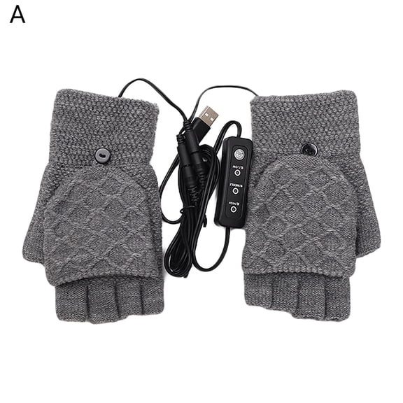 Heated Gloves Fingerless Double-Sided Heating Knitted Winter USB Heated Gloves Typing Mitten for Women Men,Grey A