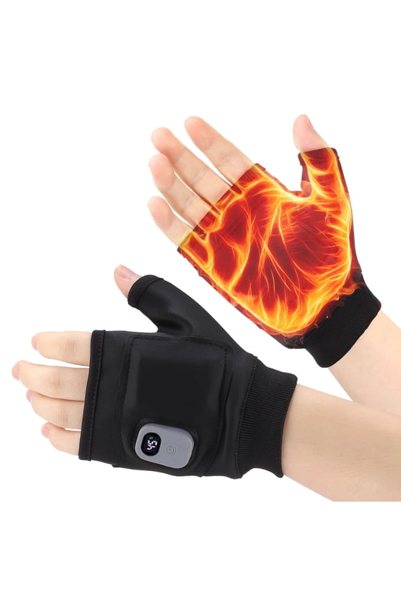 Heated Fingerless Gloves for Men Women, Fingerless Ski Gloves, Rechargeable Half Hand Heating Gloves, Electric Hand Warmer with 3 Heating Levels, Digital Display for Hiking, Cycling, Skiing
