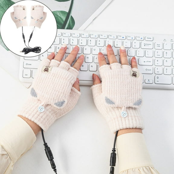 Heated Gloves For Hands USB Rechargeable Winter Cold Warmth Half Finger Clamshell Knitting Heating Gloves Blue One Size Unisex