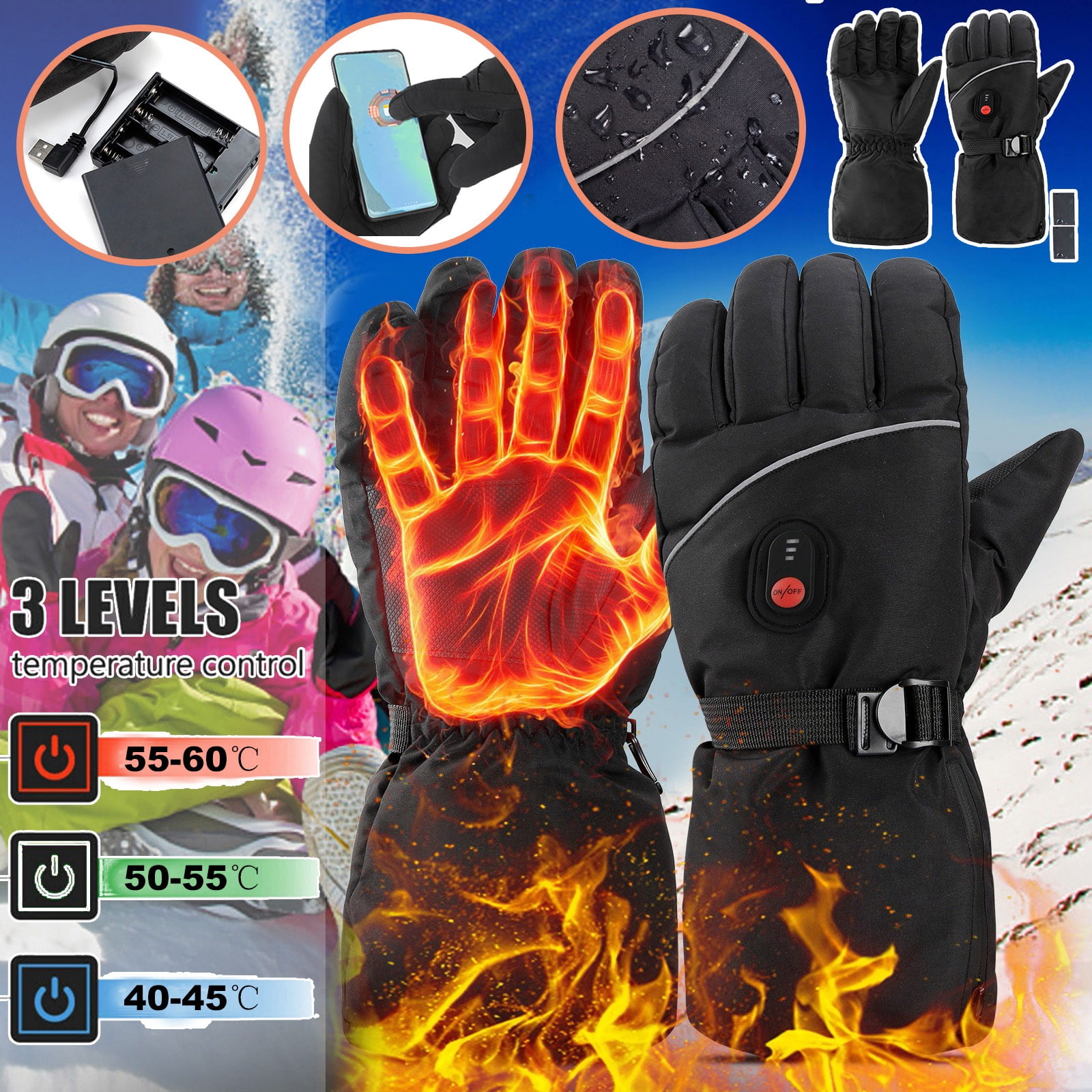 Heated Gloves For Men Women Rechargeable Electric Warm Winter Gloves For Motorcycle Skiing Bike Hunting Camping (Free Size, Black)