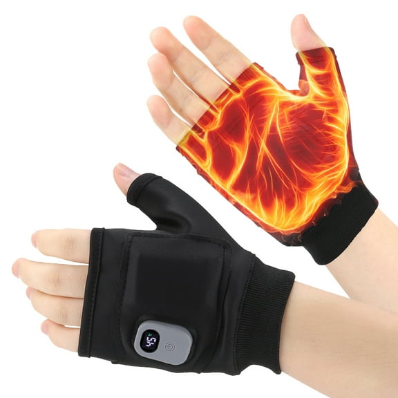 Heated Gloves for Men Women, Fingerless Gloves, Rechargeable Half Hand Heating Gloves with 3 Heating Levels, Digital Display for Hiking, Cycling, Skiing
