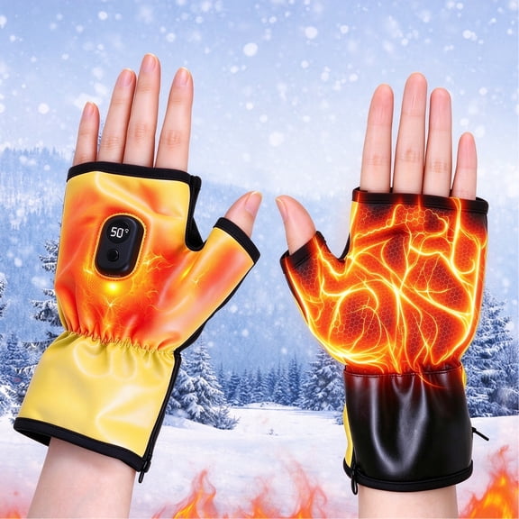 Heated Gloves for Men Women, Rechargeable Fingerless Heated Gloves with 3 Heating Levels & Digital Display, Durable leather for Work Hiking Cycling Skiing Hunting (Yellow)