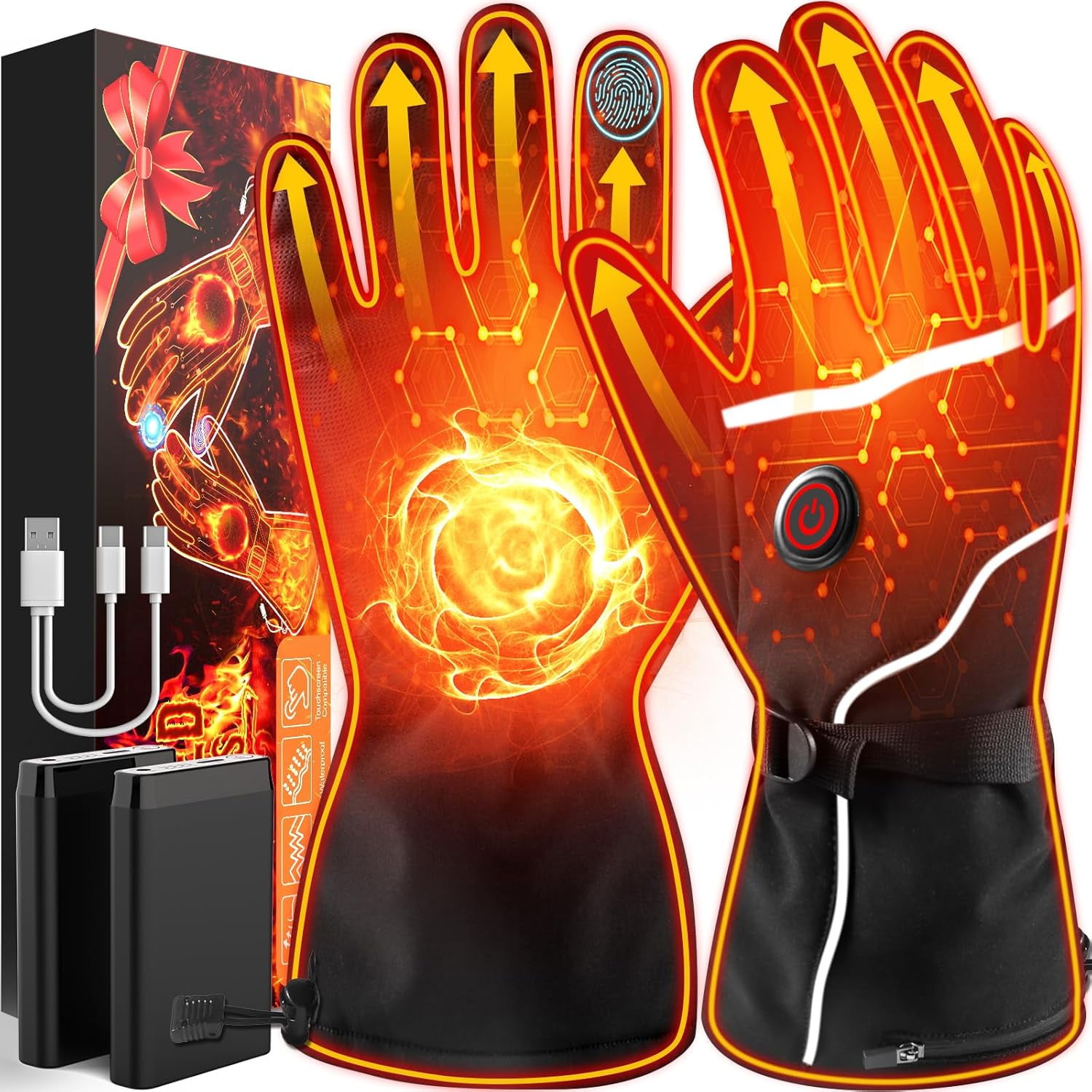 Heated Gloves, Rechargeable Heated Gloves - 3 Modes, Waterproof & Touchscreen - Battery Powered Hand Warmers for Climbing, Hiking, Cycling, Skiing