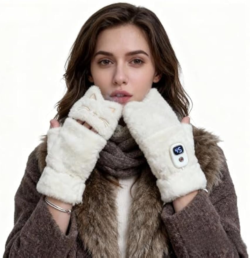 Heated Gloves for Women Rechargeable Cat Paw  – USB Electric Hand Warmers with 3 Heat Levels, Washable Half-Finger Cute Cat Claw Mittens for Office, Study & Gifts