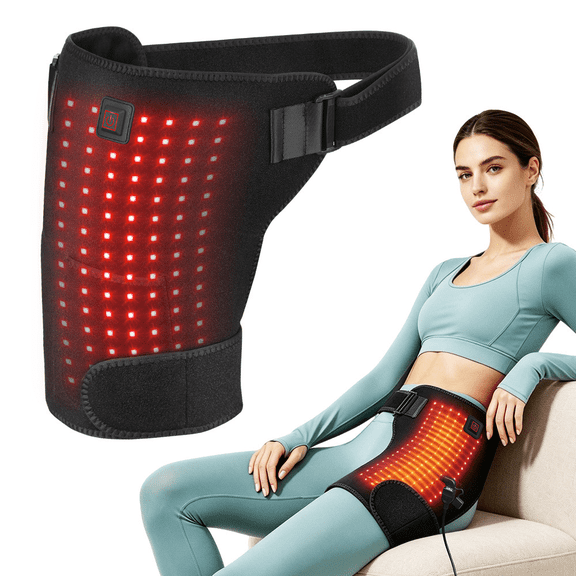 Heated Hip Brace with Heat, Cordless Hip Heating Pad with Wide Wrap for Groin Thighs, 105 LEDs & 3 Heat Settings, USB Powered with Power Bank Pocket, 23.6" Adjustable Strap