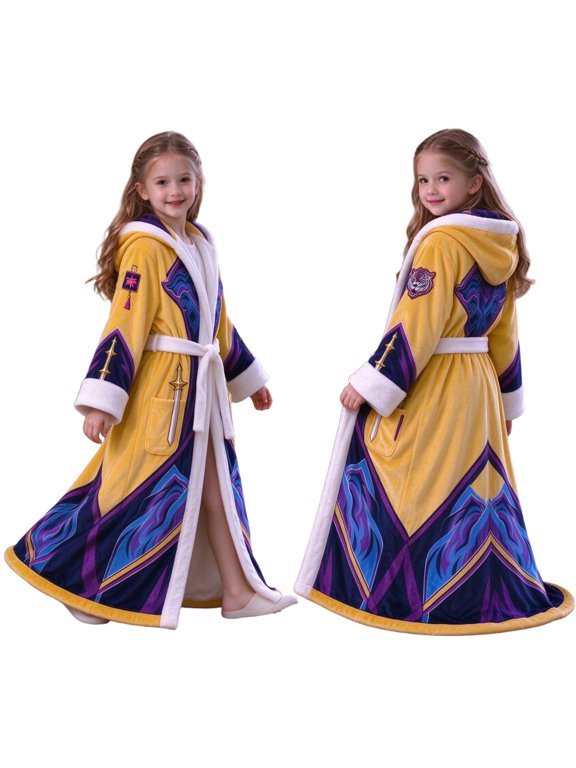 Heated Hooded Robe for Kids, Fantasy Plush Bathrobe with Magic Design, Long Hooded Sleepwear with Belt and Pockets, Christmas Birthday Gift for Children