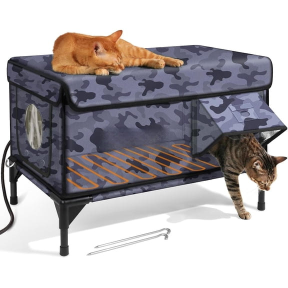 Heated House for Outside, Insulated Weatherproof Heated Outdoor House with Eaves & Escape Door, Elevated Outdoor Shelter for Feral Stray (Black Camo, 25.6"x16.5"x18")