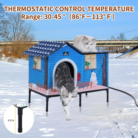 Heated House for Outdoor Cats, Cozy Shelter with Thermostat, Easy to Assemble, Light Blue Large (Dog Bed)