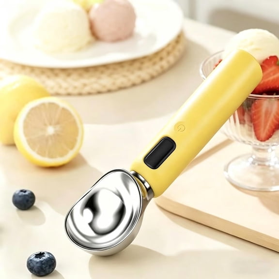 Heated Ice Cream Scoop with Melon Baller Function, Stainless Steel Electric Spoon for Dessert Making, Multi-Purpose Kitchen Tool for Fruit and Ice Cream