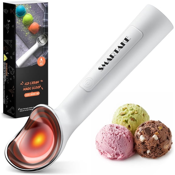 Heated Ice Cream Scoop, Self Warming to 158F for Hard Ice Cream, Rechargeable Electric Ice Cream Scoop with On/Off Button, Heat-Proof Shell, 2oz Large Spoon, LED Display, 2600mAh, White