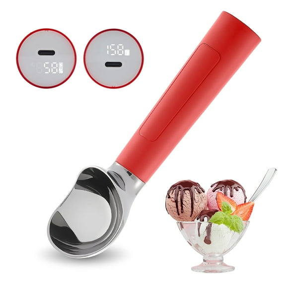 Heated Ice Cream Scoop, USB Rechargeable Electric Scooper with LED Display, Heats to 158F for Hard Ice Cream, Easy for Seniors & Kids, IP67 Waterproof Red