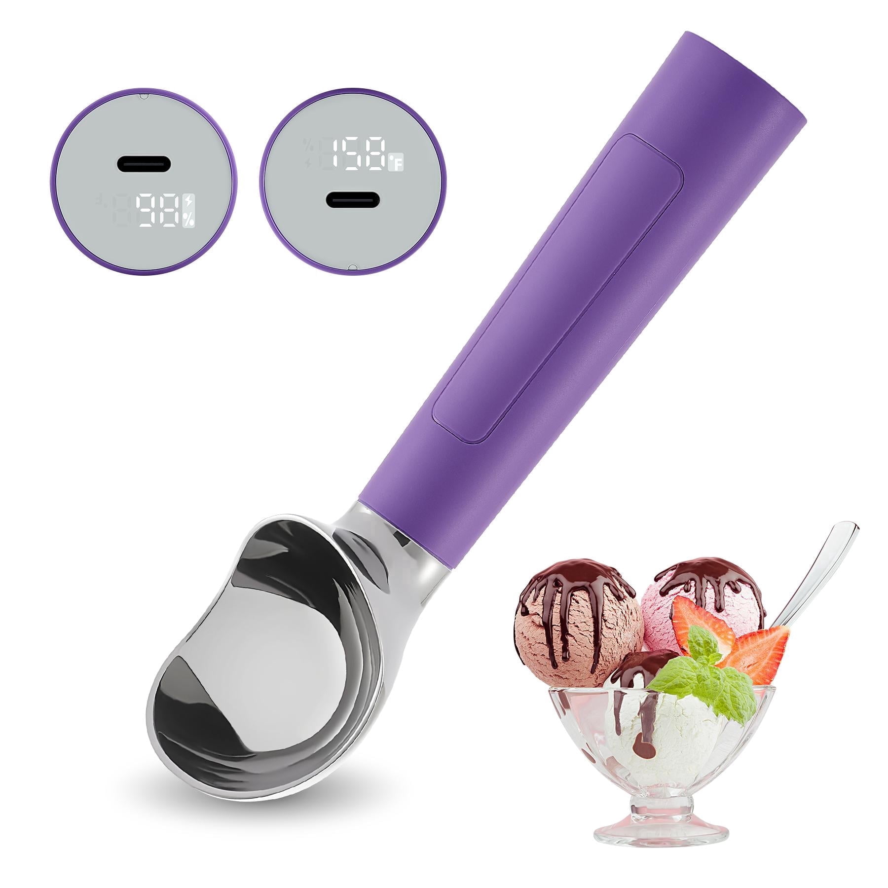 Heated Ice Cream Scoop, USB Rechargeable Electric Scooper with LED Display, Heats to 158°F for Hard Ice Cream, Easy for Seniors & Kids, IP67 Waterproof-Royal Purple