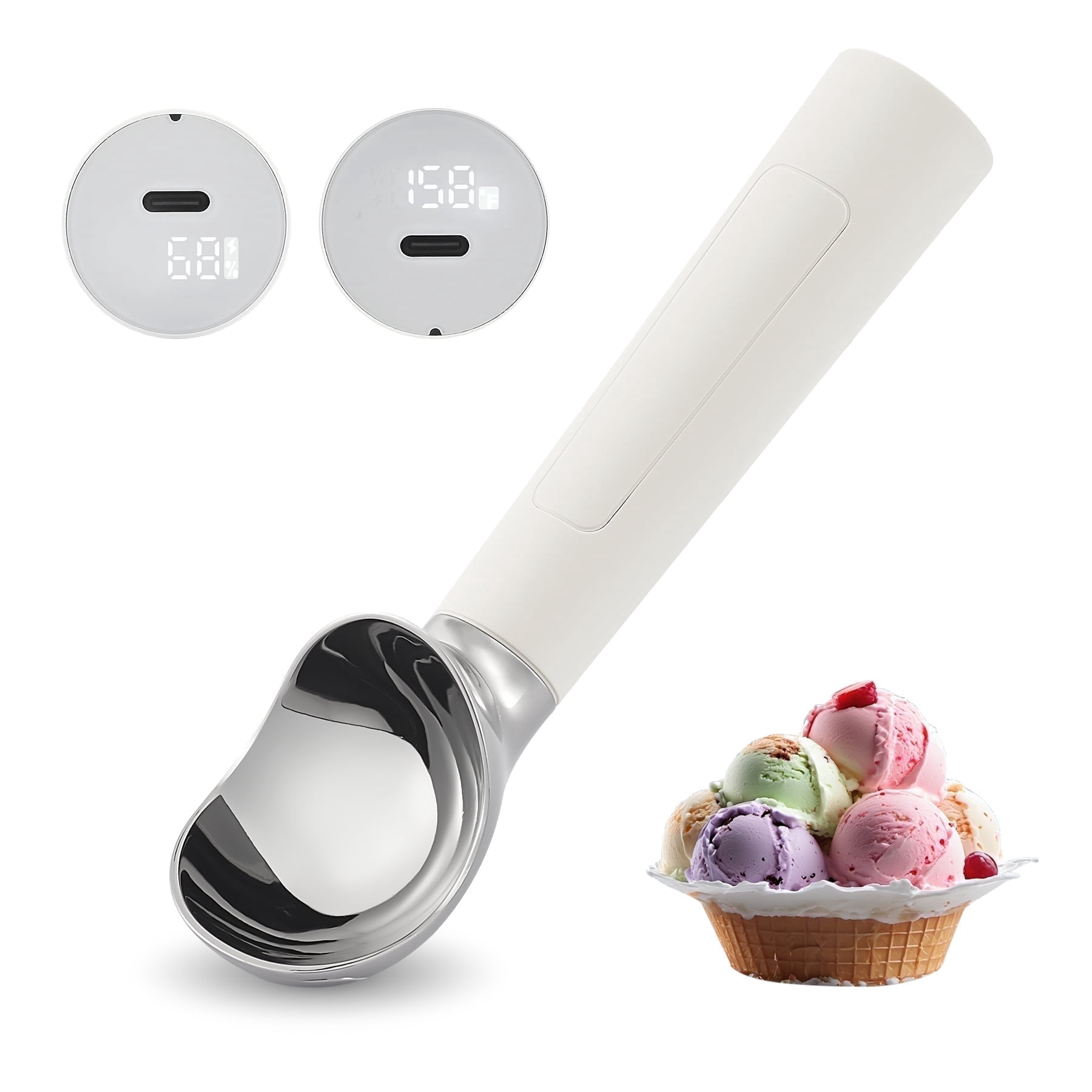 Heated Ice Cream Scoop, USB Rechargeable Electric Scooper with LED Display, Heats to 158°F for Hard Ice Cream, Easy for Seniors & Kids, IP67 Waterproof – White - Walmart.com