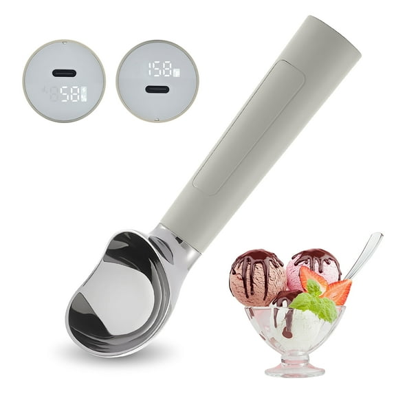 Heated Ice Cream Scoop, USB Rechargeable Electric Scooper with LED Display, Heats to 158F for Hard Ice Cream, Easy for Seniors & Kids, IP67 Waterproof Grey