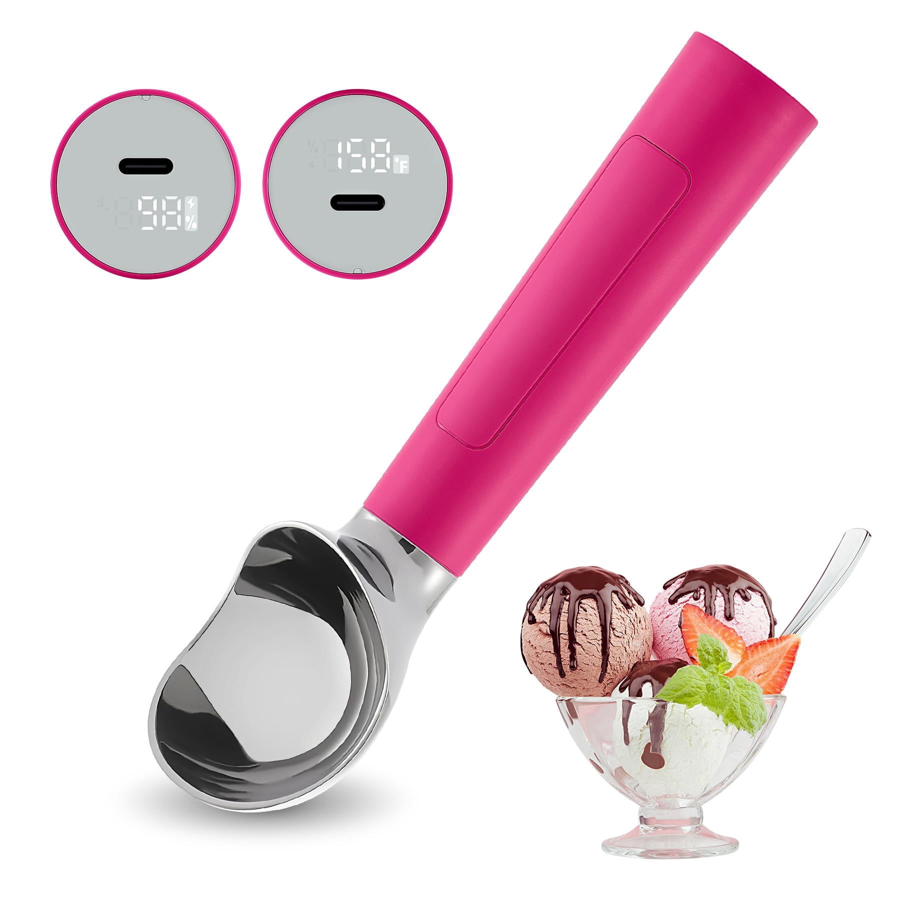Heated Ice Cream Scoop, USB Rechargeable Electric Scooper with LED Display, Heats to 158°F for Hard Ice Cream, Easy for Seniors & Kids, IP68 Waterproof-Hot Pink