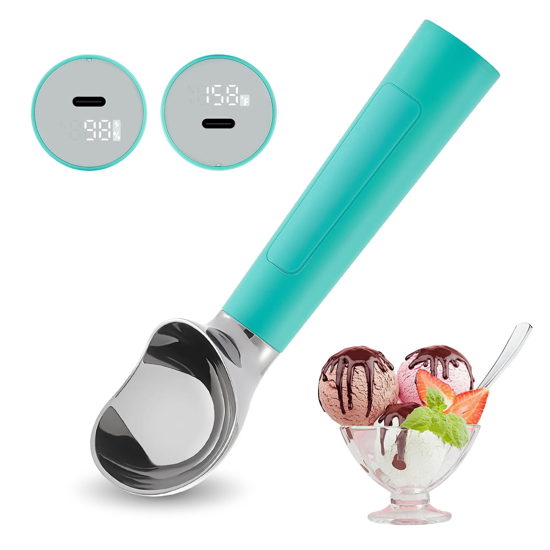 Heated Ice Cream Scoop, USB Rechargeable Electric Scooper with LED Display, Heats to 158°F for Hard Ice Cream, Easy for Seniors & Kids, IP69 Waterproof-Retro Mint