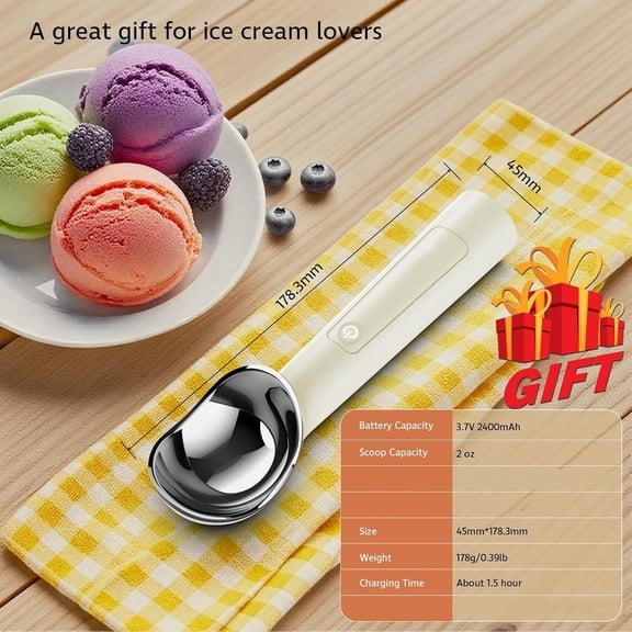Heated Ice Cream Scoop with ON/OFF Switch: Rechargeable Electric Icecream Scooper with Holder,Kitchen Gadgets for Hard Ice Cream, Max to 158