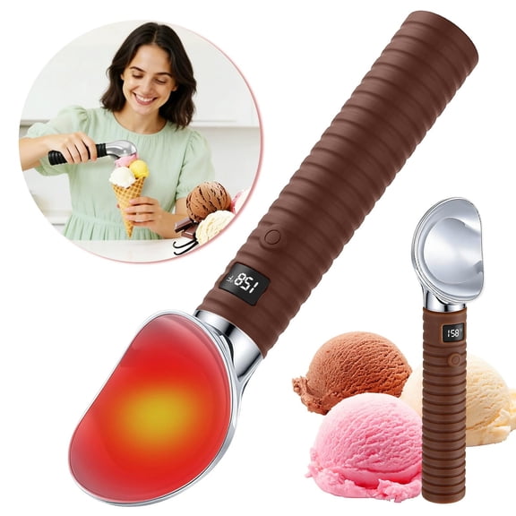 Heated Ice Cream Spoon Brown Digital Display - Stainless Steel Spoon, Stainless Steel Body with LED Display, Heating Function, Ice Cream Melting Tool for Home Use