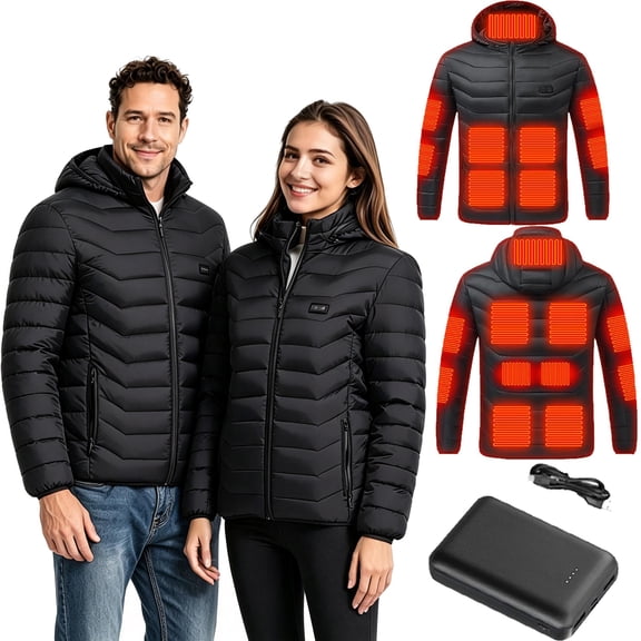 Heated Jacket for Men Women with Battery Pack,Waterproof Windproof Heated Coat with Detachable Hood,15 Heating Zones Dual Control Outerwear Heating Jacket for Winter Outdoor