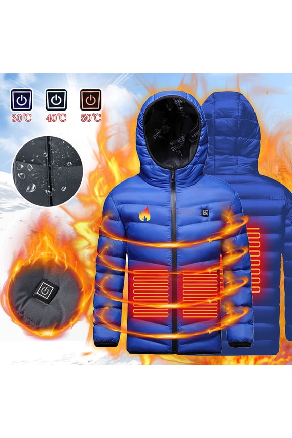 Heated Jacket for Boys Girls, Children Heating Hoodie Jackets Electric USB Rechargeable Winter Thermal Body Warmer Blue 12 Years