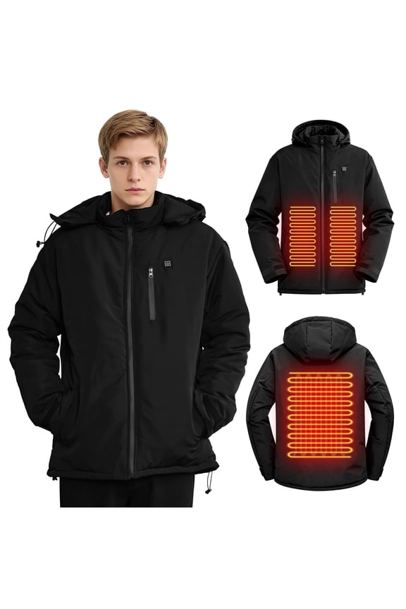 Heated Jacket for Men Women with Detachable Hood, Soft Heating Jacket for Hiking Skiing Camping, Black, XL
