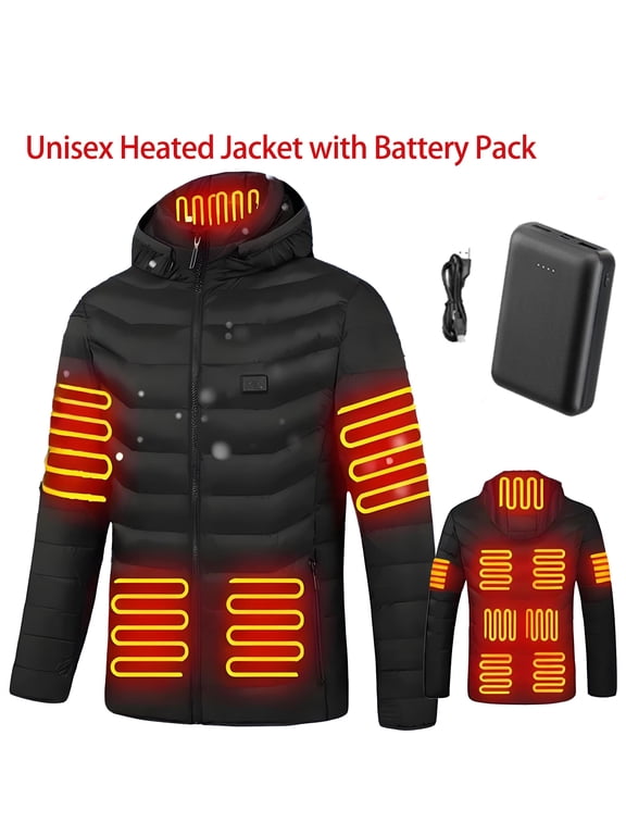 Unisex Heated Jacket with Battery Pack,Windproof Waterproof Heated Coat for Women Men with Detachable Hood,Heating Jacket for Hiking Skiing Camping Outdoor Winter Snow Wear