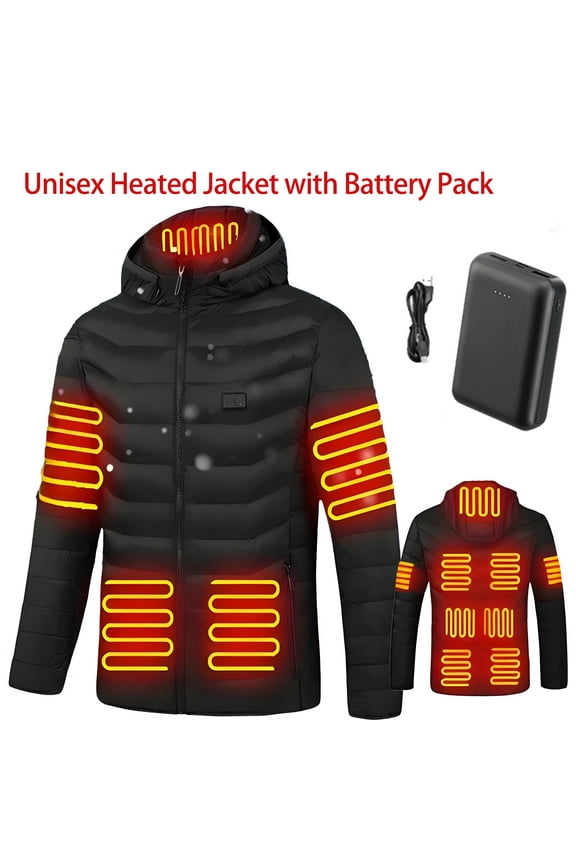 Unisex Heated Jacket with Battery Pack,Windproof Waterproof Heated Coat for Women Men with Detachable Hood,Heating Jacket for Hiking Skiing Camping Outdoor Winter Snow Wear