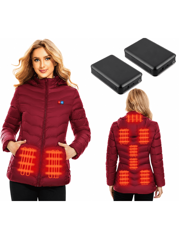 Heated Jacket for women with 2PCS 10000mAh Power Bank, 9 Heating Areas Winter Slim Fit Jackets and Detachable Hood(S)