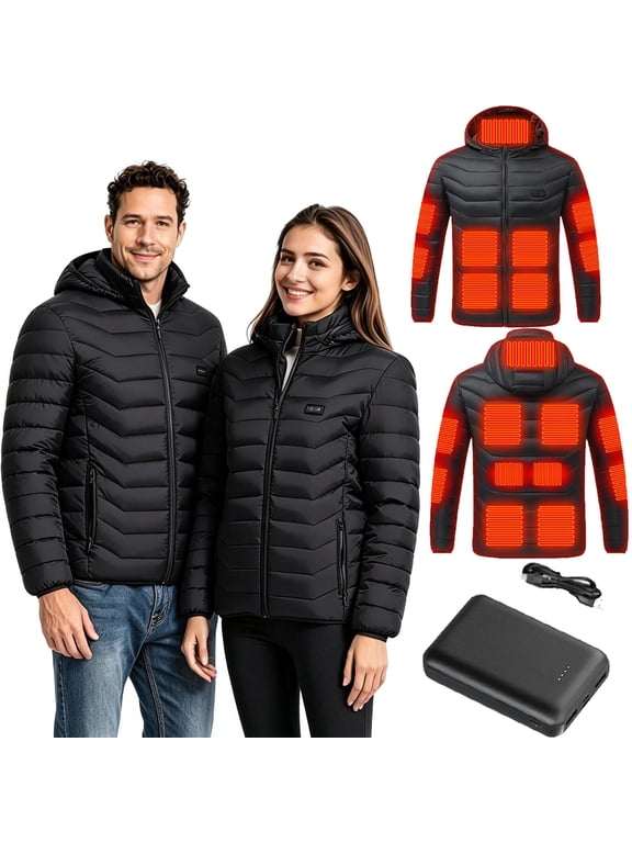 Heated Jacket for Men Women with Battery Pack,Waterproof Windproof Heated Coat with Detachable Hood,15 Heating Zones Dual Control Outerwear Heating Jacket for Winter Outdoor