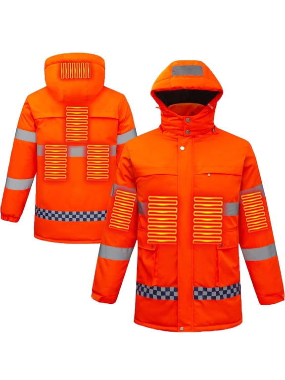 Heated Jackets For Men Hooded Drawstring Front Zip 7 Heating Zones 3 Levels Outwear Thermal Comfy Coat With Pockets (3XL, Orange)