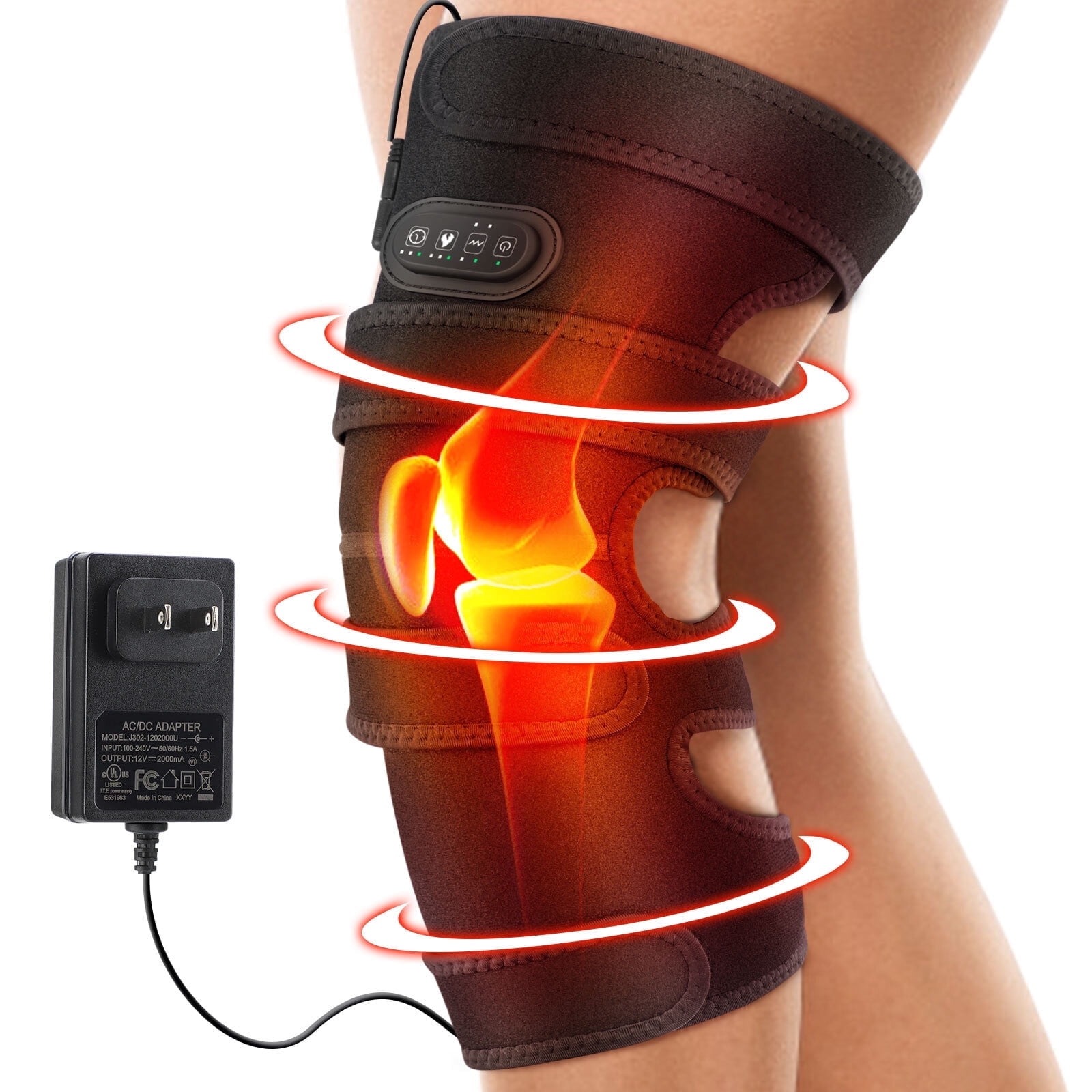 Heated Knee Brace Massager - Heated Vibration Knee Pad with 4 Motors, 5 Vibration Modes, 3 Heat & Timing Settings, Adjustable Straps, 79in Plug-in for Stiffness Relief & Relaxation