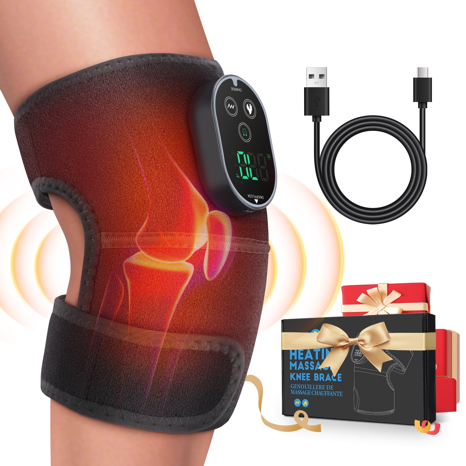 Cordless Heated Knee Massager, 3 in 1 Knee Massager with Heat and Vibration, Portable Electric Massage Knee Heating Pad for Elbow Shoulder Brace Wrap, 3 Vibration Heat, LED Display