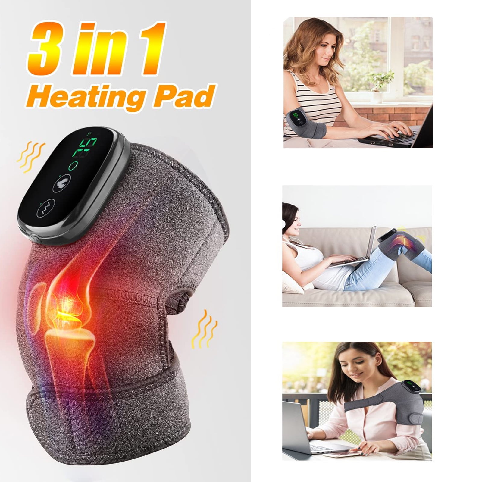 Heated Knee Massager Shoulder Brace, 3-In-1 Heated Knee Elbow Shoulder Brace Wrap, 3 Adjustable Vibrations and Heating Modes, Heating Pad for Knee Elbow Shoulder Relax,Gray