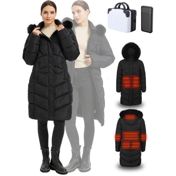 Heated Long Women's Jacket with Battery Pack Winter Coat for Women with Detachable Hood