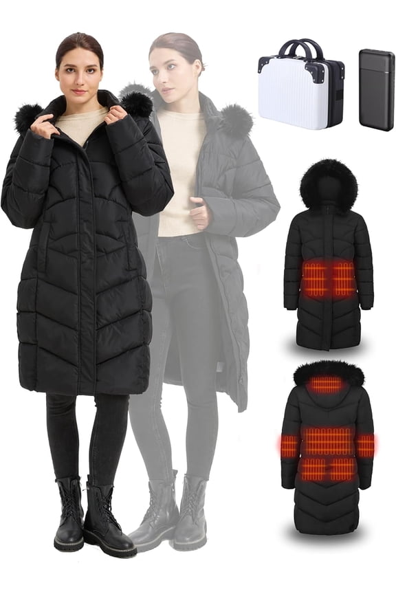 Heated Long Women's Jacket with Battery Pack Winter Coat for Women with Detachable Hood