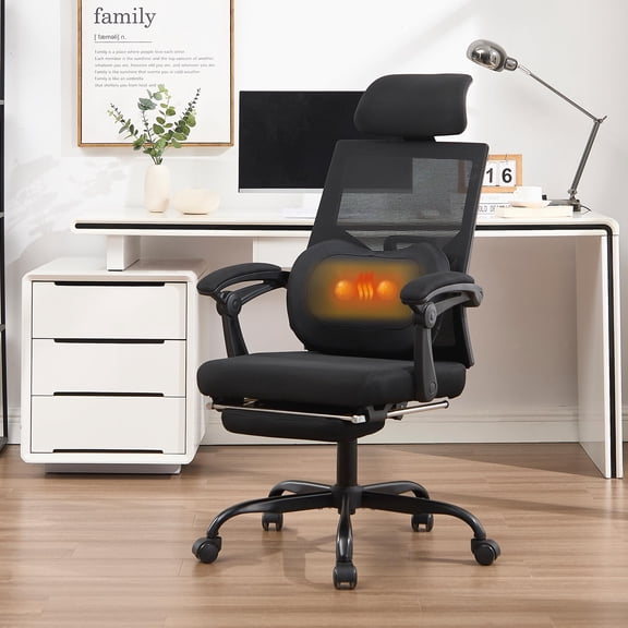 Heated Lumbar Support Office Chair, Kneading Massage Ergonomic Chair, Reclining Mesh Computer Desk Chair with Footrest, 90-135 Adjustable