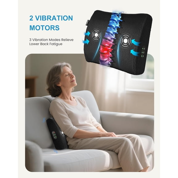 Heated Lumbar Support Pillow with Vibration Massage for Office Chair - Ergonomic Back Massager with Adjustable Heat and Timer, Black