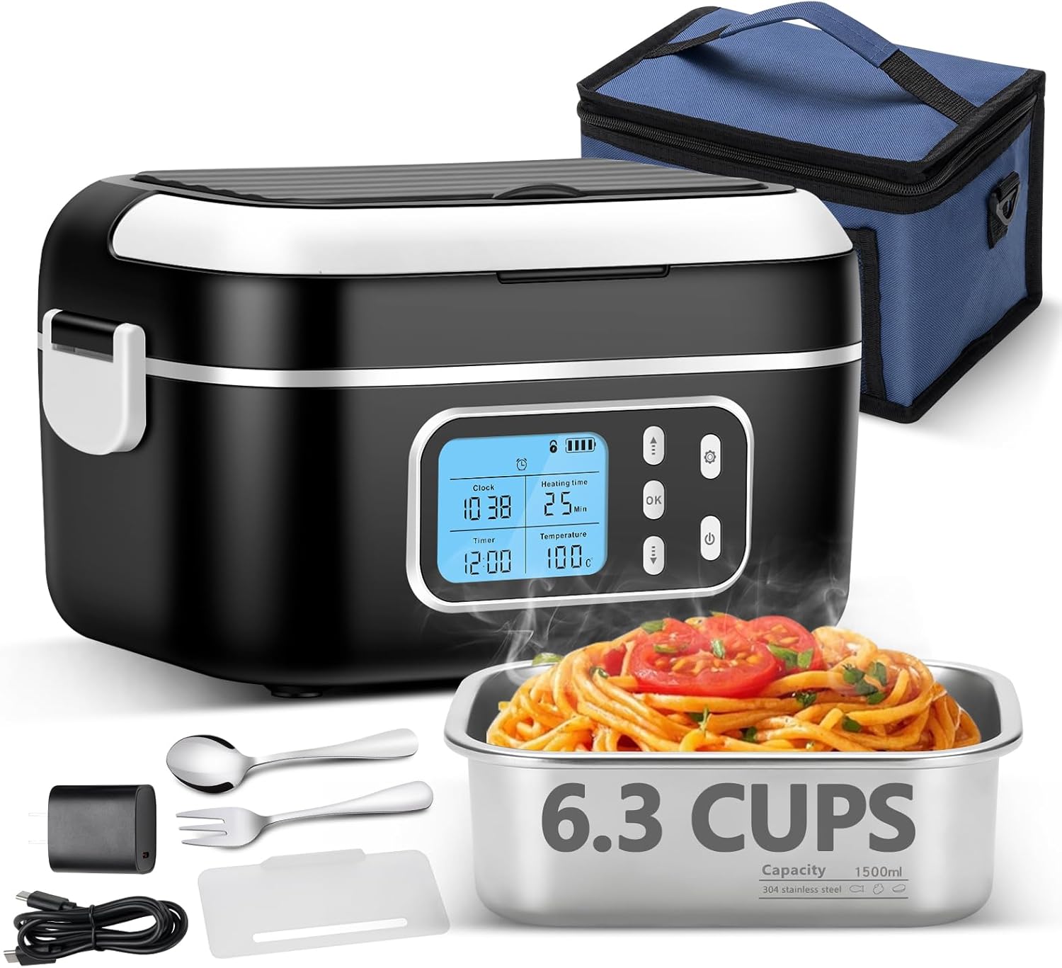 Heated Lunch Box, 1.5L (6.3 Cups) 24000mAh Cordless Lunch Box for with ...
